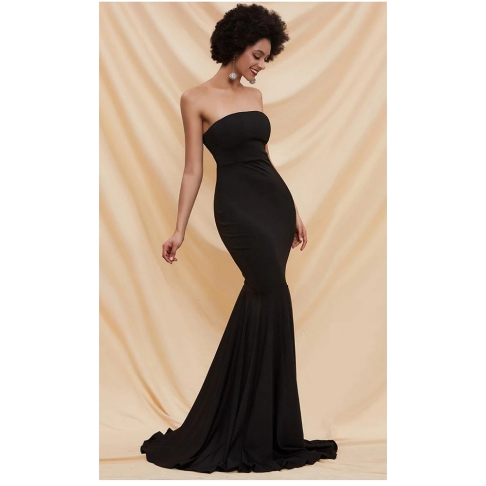 Black Strapless Mermaid Floor Length Dress Gown